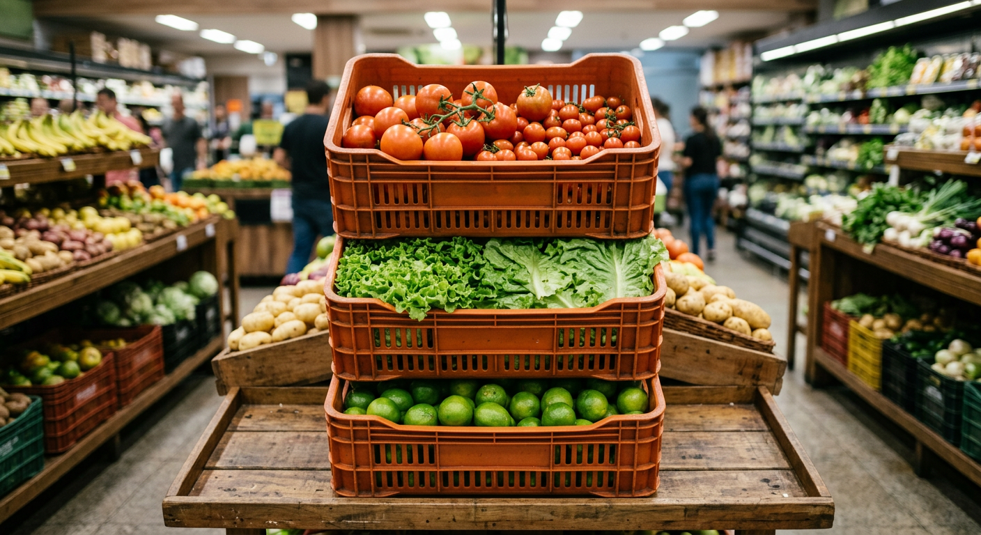 Caixa plástica hortifruti Três caixas plásticas vazadas cor laranja empilhadas em gôndola de supermercado de hortifruti com tomates, alfaces e limões