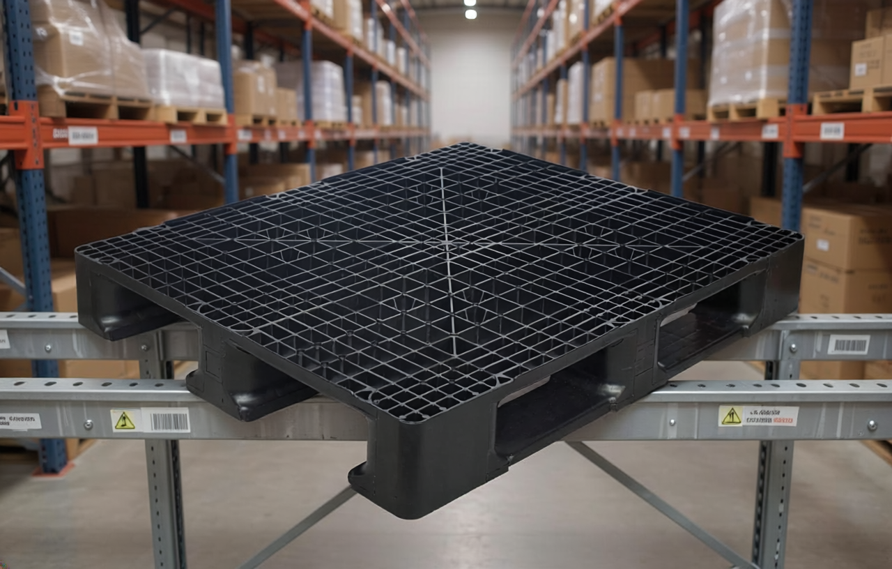 pallet pbr de plástico no footprint 1.000×1.200 mm em centro de distribuição