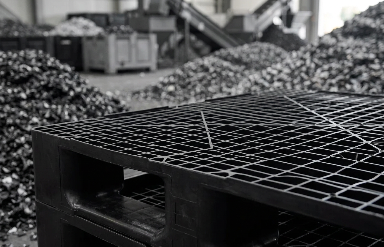 Pallet plástico sustentável preto em primeiro plano com pilhas de plástico reciclado triturado desfocadas ao fundo em ambiente de reciclagem industrial