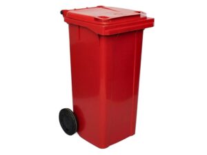 Lixeira carrinho coletor 120L EkoPalete vermelho com duas rodas, vista frontal