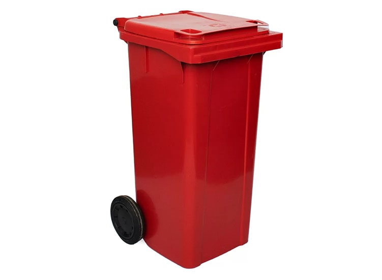 Lixeira carrinho coletor 120L EkoPalete vermelho com duas rodas, vista frontal