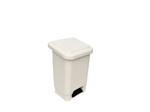 Lixeira com pedal 25L EkoPalete em PEAD branca, vista frontal compacta com tampa fechada