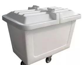 Carro coleta cuba 430L EkoPalete branco com 2 portas frontais e 4 rodas, vista frontal