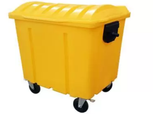 Container de lixo 1000L EkoPalete amarelo com 4 rodas e tampa fechada, vista frontal