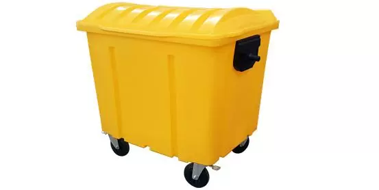 Container de lixo 1000L EkoPalete amarelo com 4 rodas e tampa fechada, vista frontal