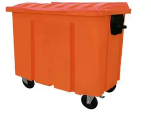 Container de lixo 500L EkoPalete laranja com 4 rodas e tampa, vista frontal