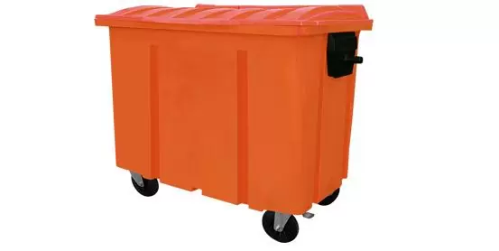 Container de lixo 500L EkoPalete laranja com 4 rodas e tampa, vista frontal