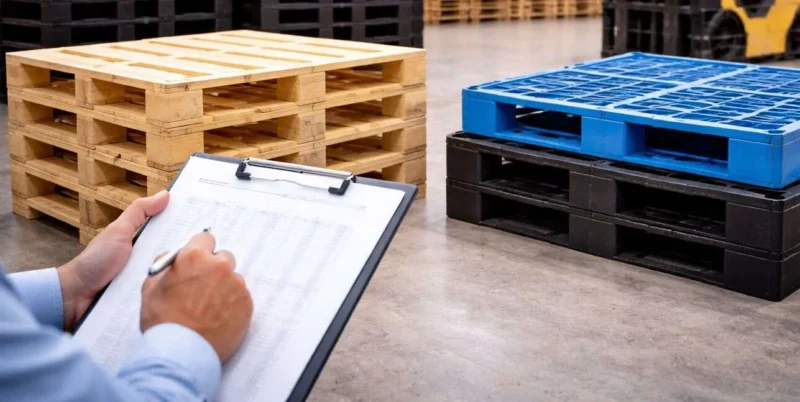 Pallets de madeira e plástico em estoque.