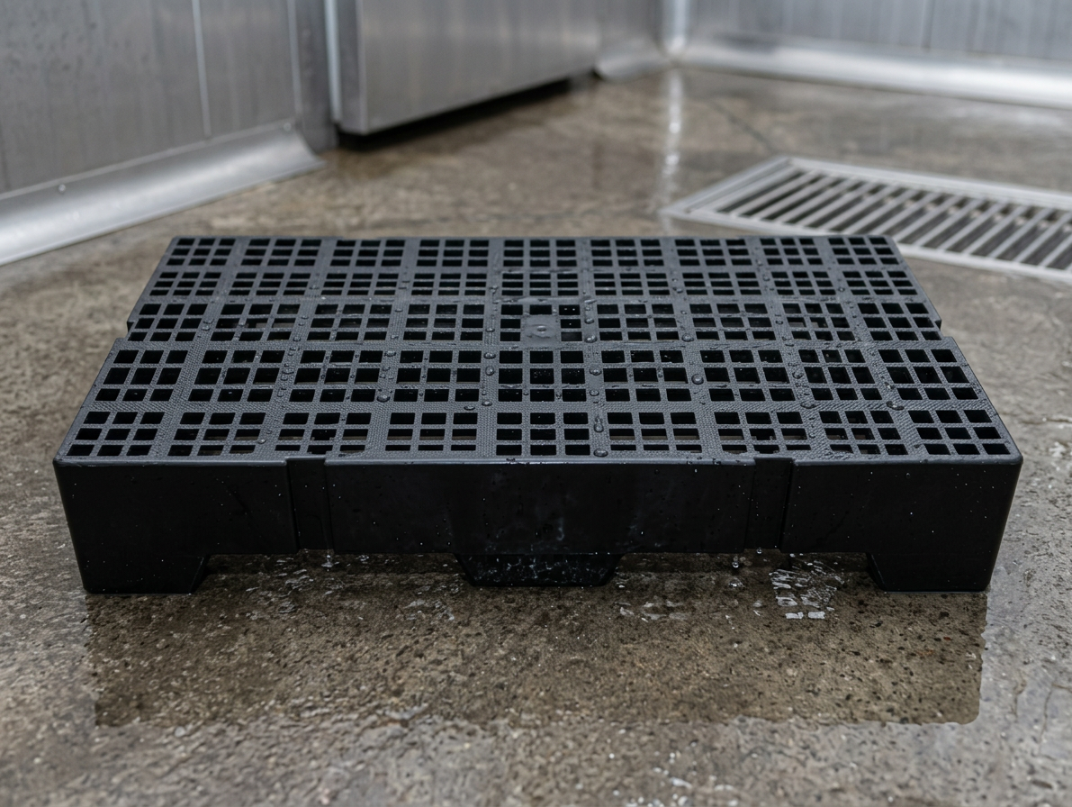 Estrado Plástico 41x82 preto vazado 41x82 sobre piso de concreto molhado em vestiário industrial com furos de drenagem visíveis e textura antiderrapante