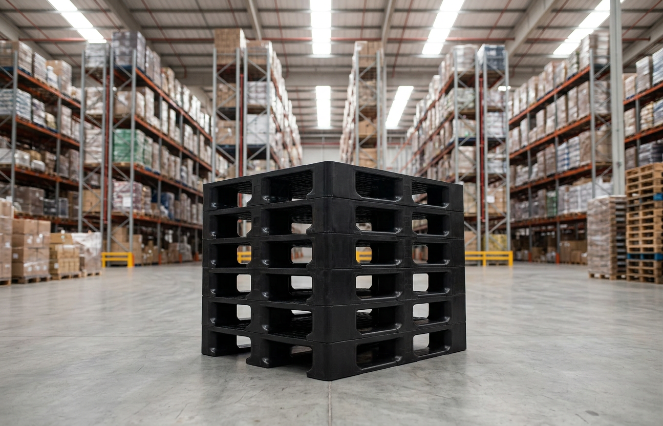 aplicações industriais do pallet plástico Pilha de seis pallets plásticos pretos empilhados em armazém logístico brasileiro com prateleiras industriais ao fundo
