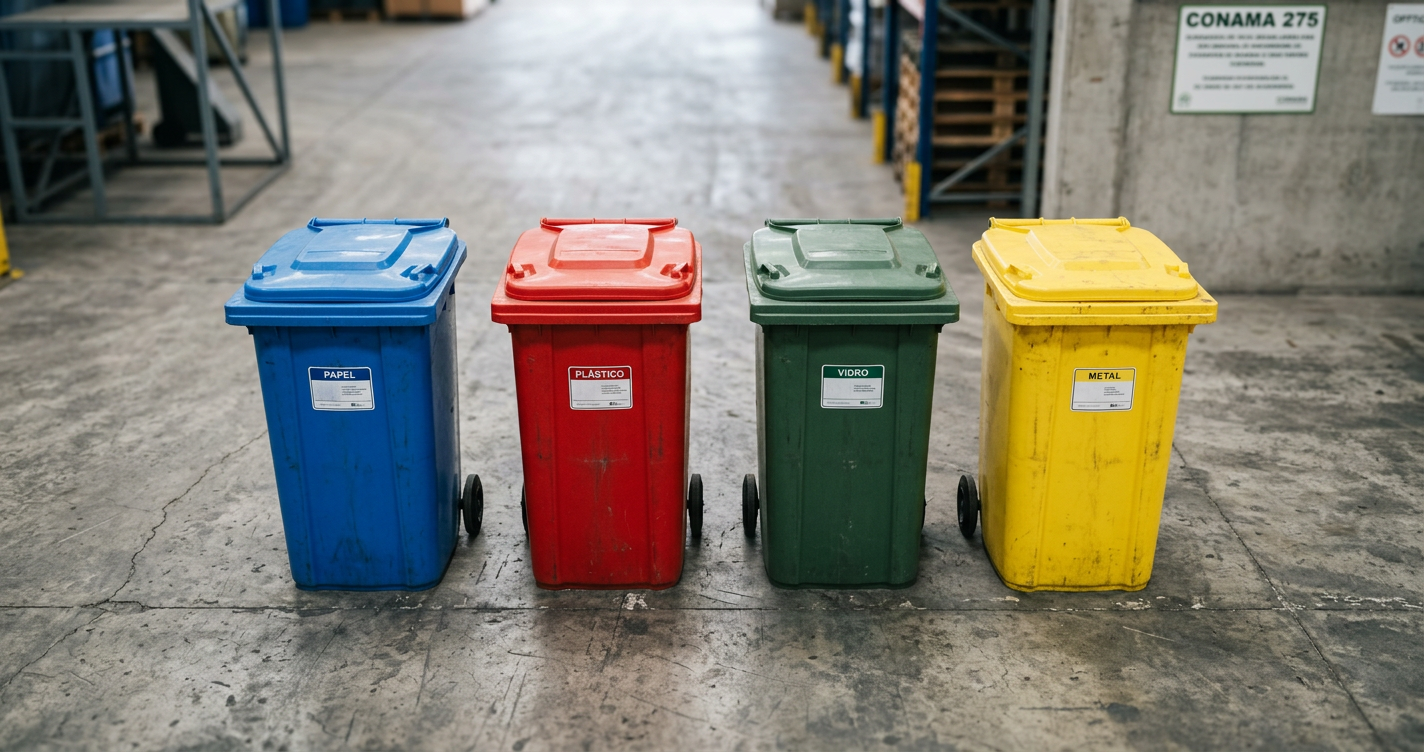 4 containers EN 840 nas cores CONAMA 275 azul papel vermelho plástico verde vidro amarelo metal
