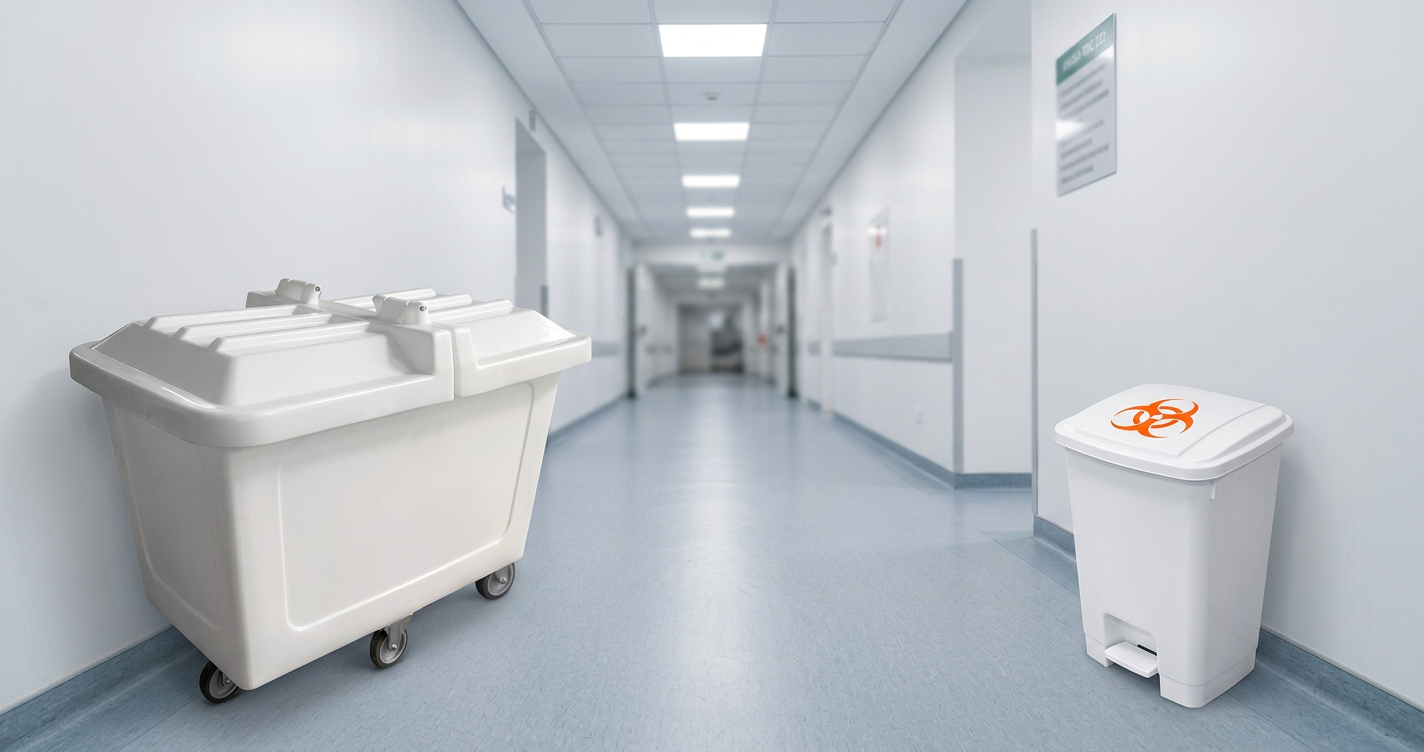 Carro coleta cuba 430L e lixeira hospitalar com símbolo de risco biológico conforme RDC 222 ANVISA