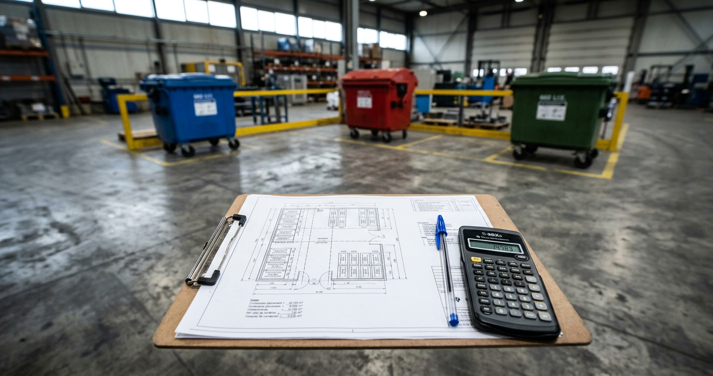 Planta técnica de dimensionamento de lixeiras industriais V = N × Q × F × M com containers EN 840