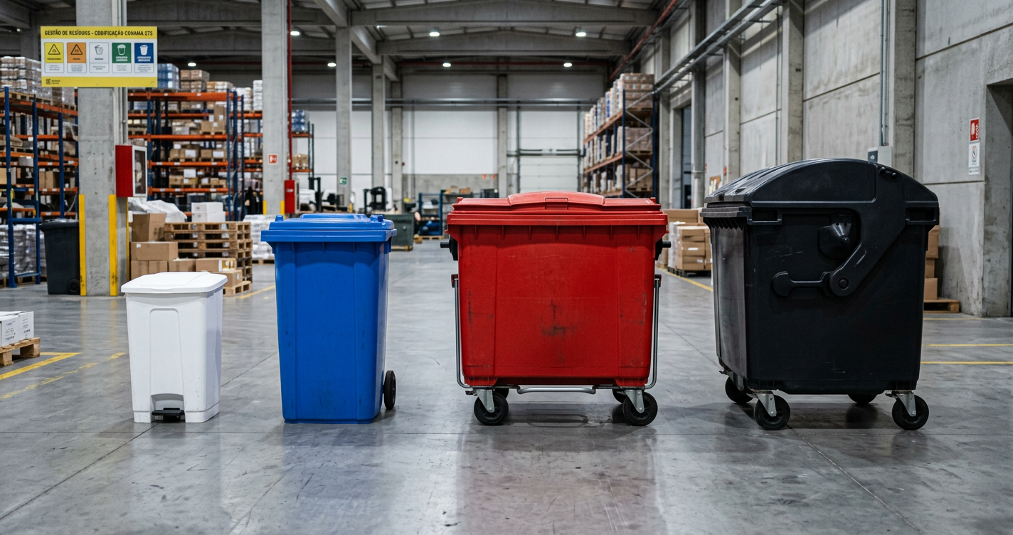 Lixeiras plásticas industriais EkoPalete de 50L pedal a container 1000L com rodas conforme CONAMA 275