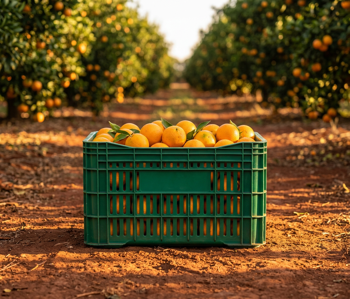 Caixa agrícola plástica verde 55x36x31 cm cheia de laranjas frescas em pomar de citros brasileiro Bebedouro/SP — EkoPalete carro-chefe pós-colheita citros/café/batata 19 anos