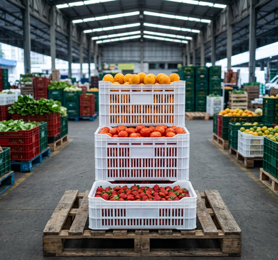 Empilhamento de 3 caixas plásticas hortifruti 60x40 CEAGESP em alturas 18/24/31 cm cheias de morangos tomates e laranjas em mercado atacado São Paulo — fabricante EkoPalete 19 anos