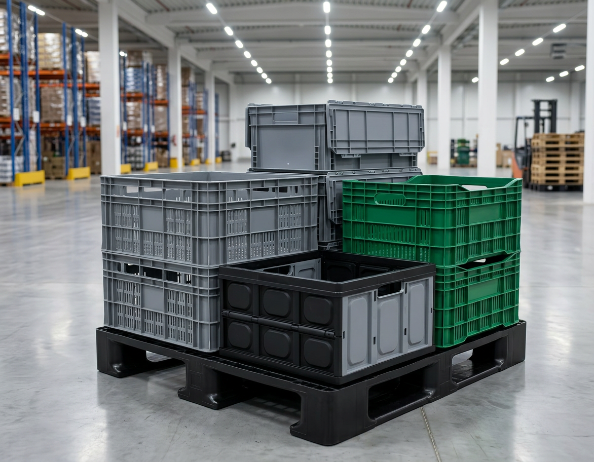 Variedade de caixas plásticas industriais empilhadas em pallet PBR 1200x1000mm em armazém moderno — caixa hortifruti vazada PEAD virgem, GLT MOBIL dobrável automotiva, caixa agrícola e industrial com tampa — fabricante EkoPalete 19 anos