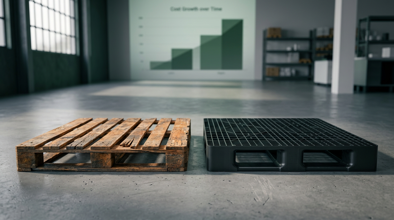Pallet de madeira desgastado ao lado de pallet plástico preto reciclado EkoPalete em armazém industrial, com gráfico de barras ao fundo ilustrando comparativo de custo total em 10 anos