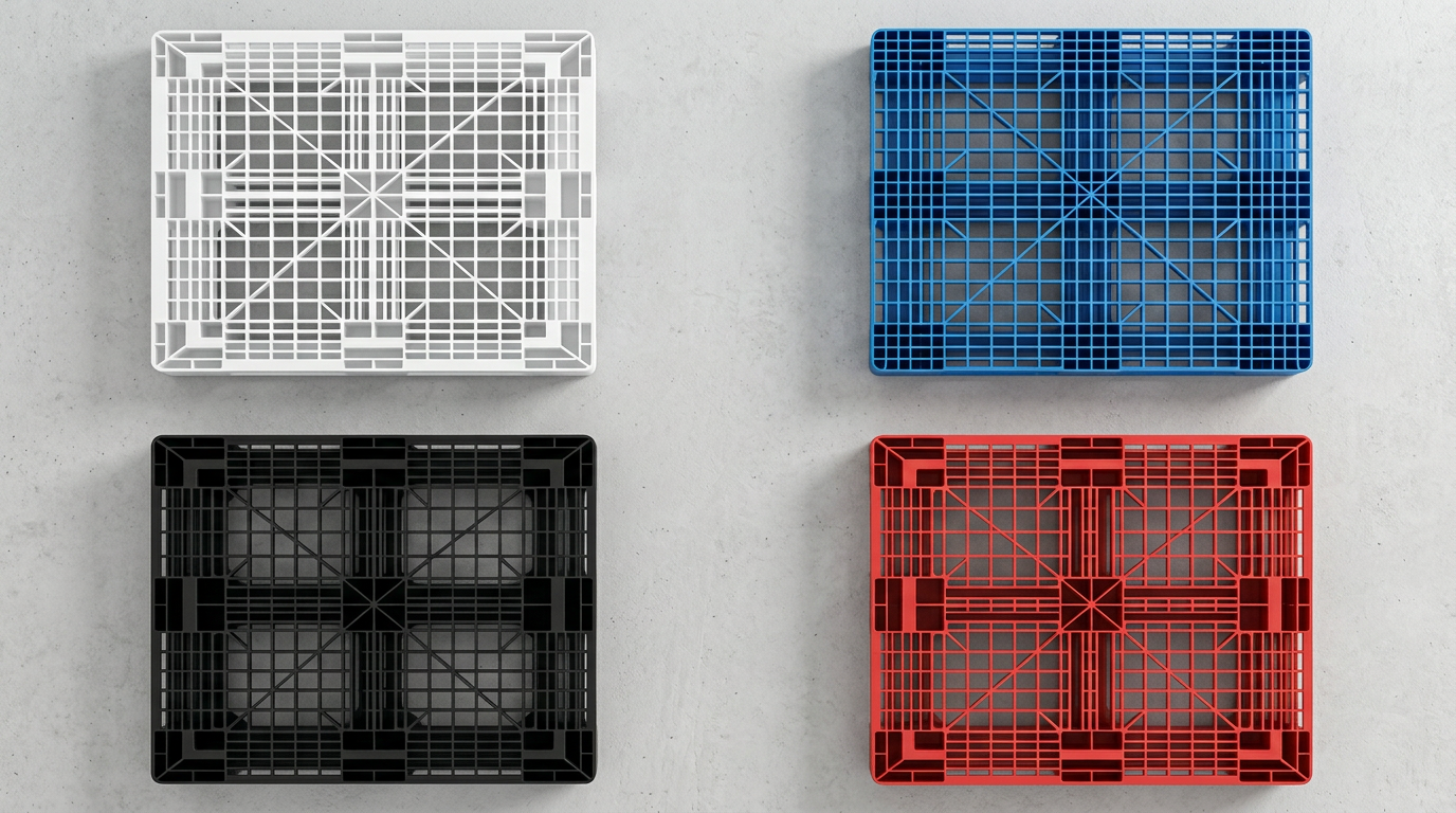 Pallets PEAD e PP em quatro cores: branco alimentício, azul farmacêutico, preto automotivo KLT e vermelho industrial
