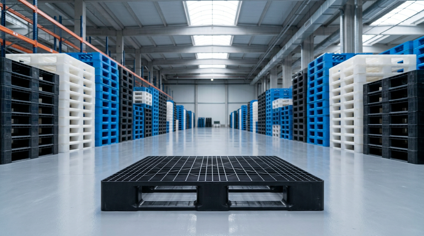 Pallets plásticos industriais empilhados em armazém moderno, com modelos preto reciclado, azul e natural grau alimentício