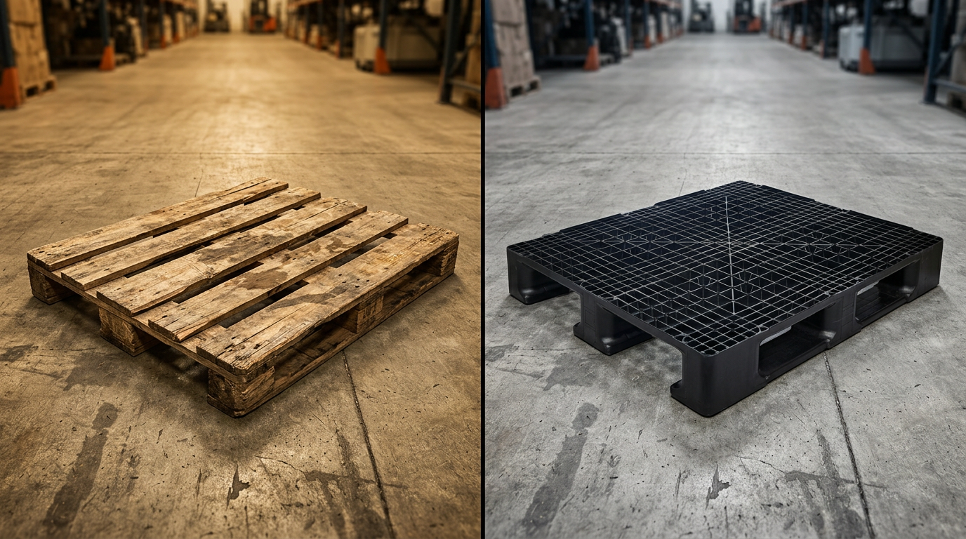 Comparativo pallet plástico vs madeira: pallet de madeira desgastado ao lado de pallet plástico preto industrial