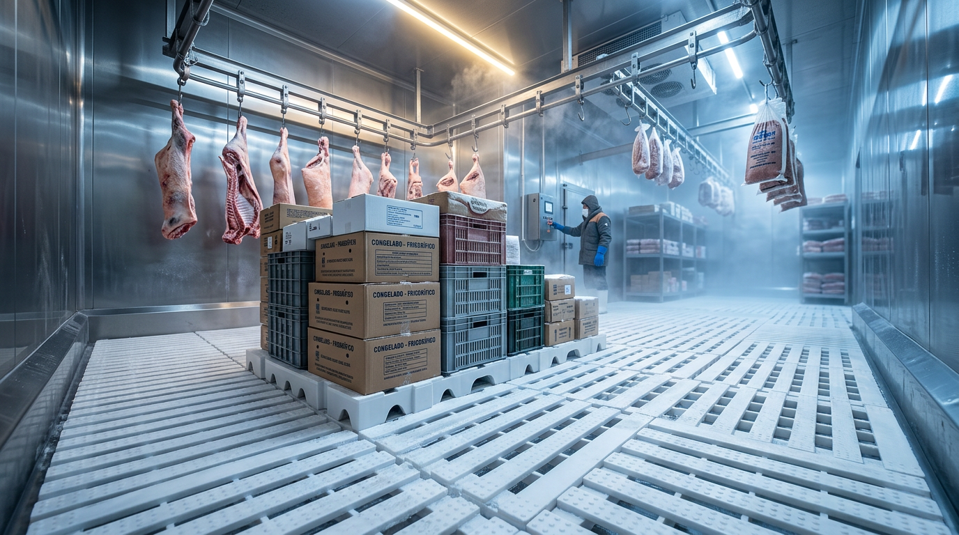 Estrado plástico modular PEAD virgem grau alimentício 41x82x13 cm em câmara fria industrial com drenagem de degelo — EkoPalete fabricante