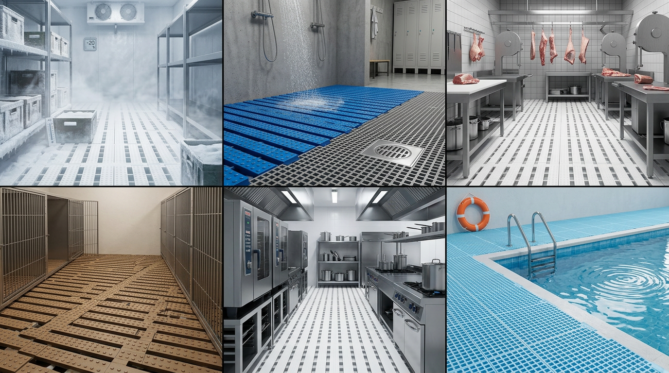 Piso e estrado plástico modular aplicações setoriais: câmara fria, vestiário, frigorífico, canil, cozinha industrial e área molhada — EkoPalete
