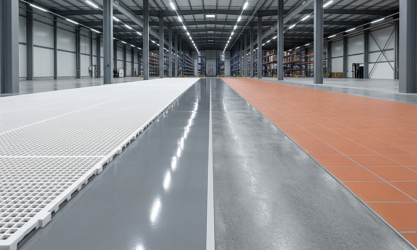 Comparativo visual piso plástico modular vs epóxi vs concreto polido vs cerâmica antiderrapante em galpão industrial — análise CTO EkoPalete