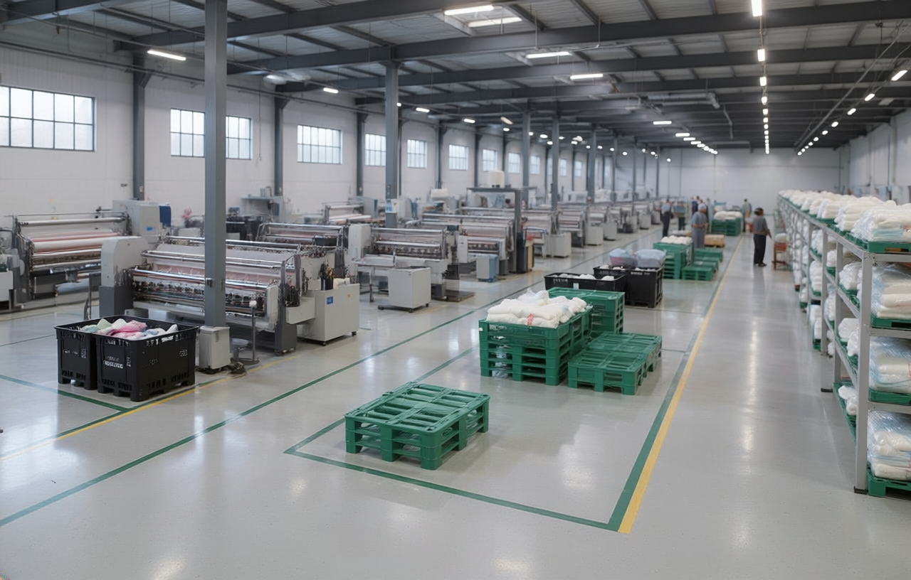 indústria têxtil no Brasil — rolos e fardos de tecido sobre pallets plásticos em estoque