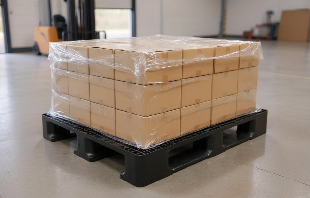 carga unitizada sobre pallet plástico envolvida em filme em uma doca de expedição