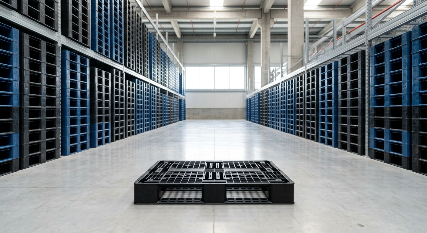 Paletes ou Pallets plásticos industriais empilhados em armazém moderno, com pallet preto em destaque