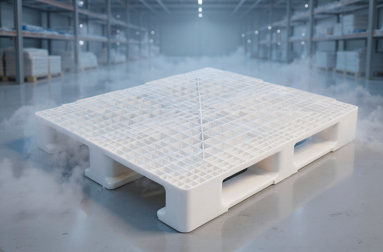 Pallet para Câmara Fria pallets plásticos brancos carregados em câmara fria industrial com produtos congelados