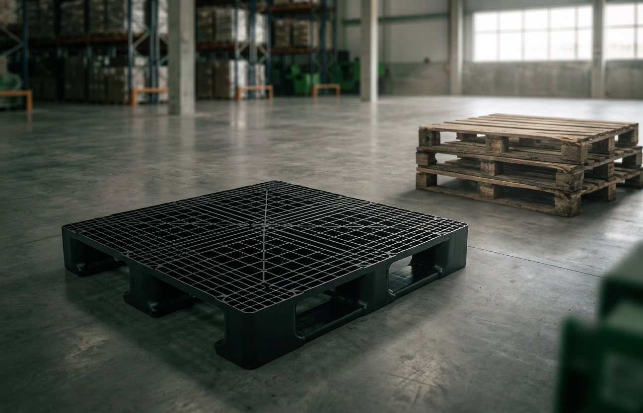 Pallet plástico vc madeira preto em primeiro plano nítido com pallets de madeira velhos desfocados ao fundo em armazém industrial brasileiro
