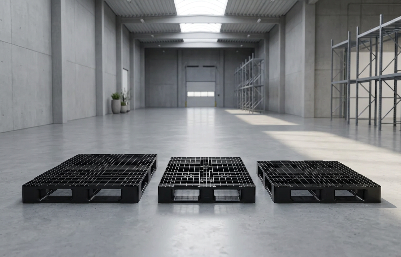 Tamanhos de paletes Pallets plásticos industriais de tamanhos diferentes em armazém moderno, ilustrando os padrões PBR, Euro e T11 utilizados no Brasil e no comércio internacional