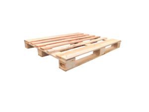 Pallet PBR de madeira novo em vista de perspectiva, com deck de tábuas claras e três longarinas de apoio
