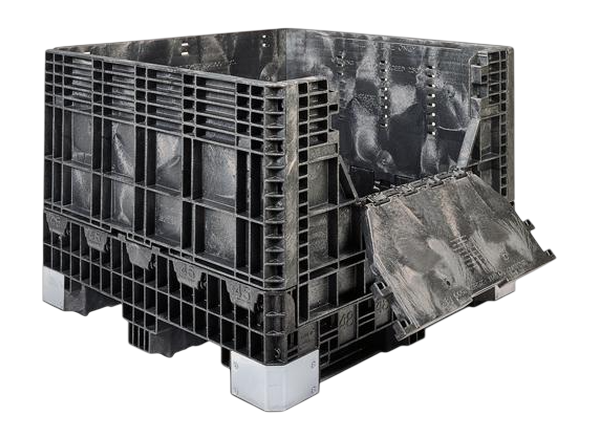 Caixa plástica Mobil articulada GLT preta com porta frontal rebatida, sobre base com sapatas