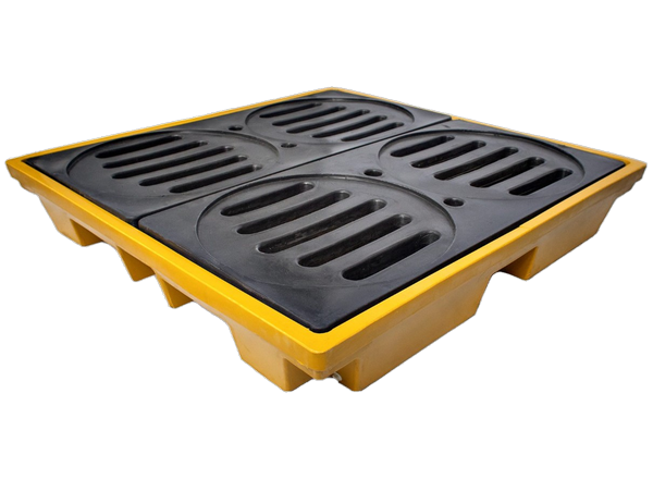 Pallet de contenção amarelo para 4 tambores, com grade preta sobre a bacia coletora