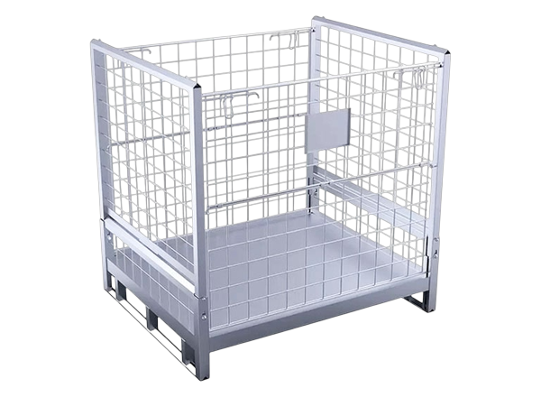 Rack pallet aramado galvanizado com laterais em tela e base metálica, visto de frente