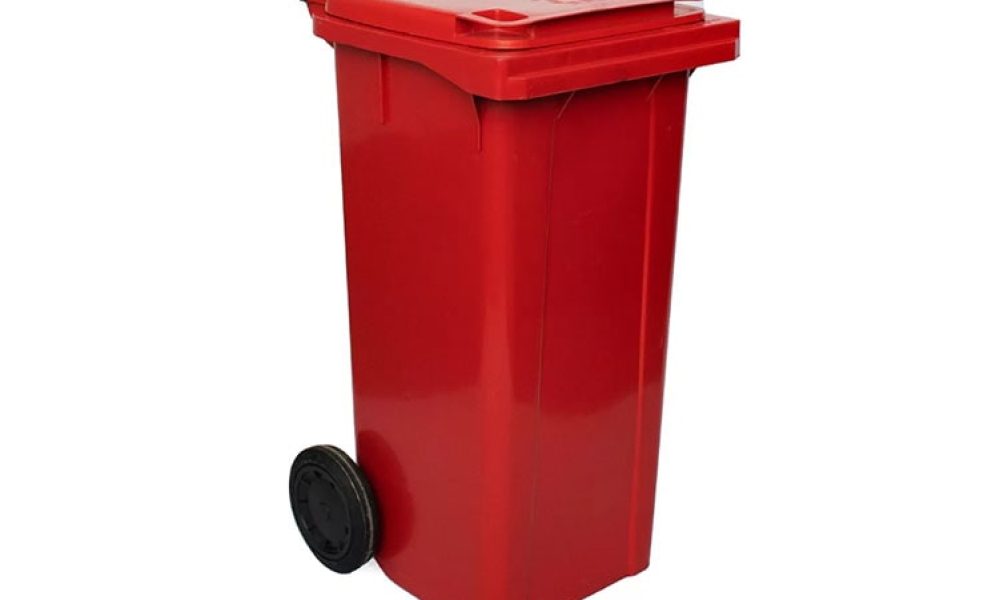 Lixeira carrinho coletor 120L EkoPalete vermelho com duas rodas, vista frontal