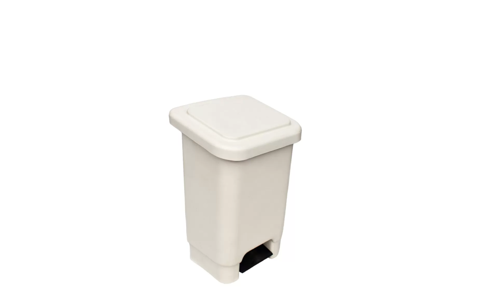 Lixeira com pedal 25L EkoPalete em PEAD branca, vista frontal compacta com tampa fechada