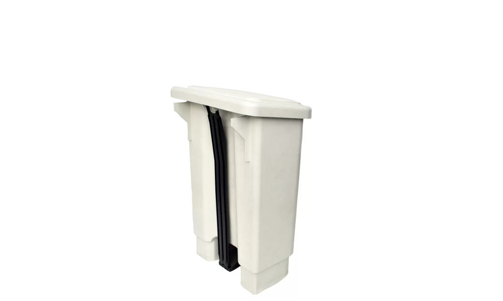 Lixeira com pedal 25L em perspectiva mostrando tampa articulada e corpo em PEAD