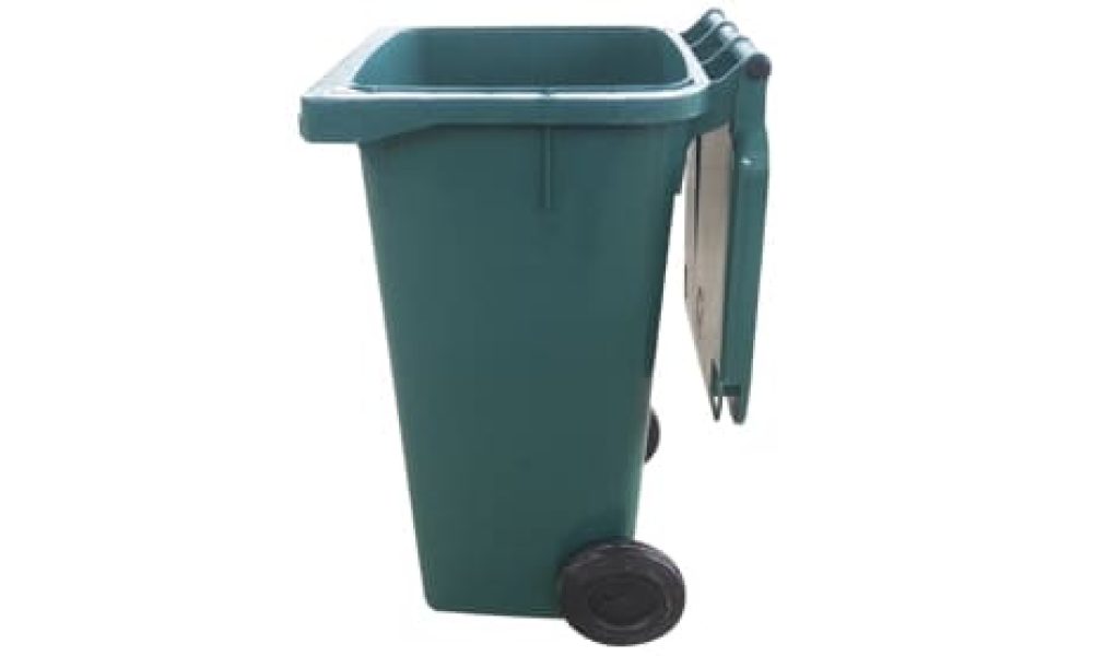 Carrinho coletor de lixo 120L com tampa basculante aberta exibindo capacidade interna