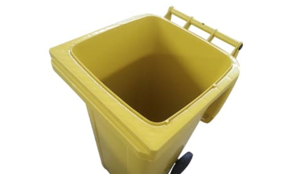 Carrinho coletor 120L em PEAD com rodas em perspectiva traseira