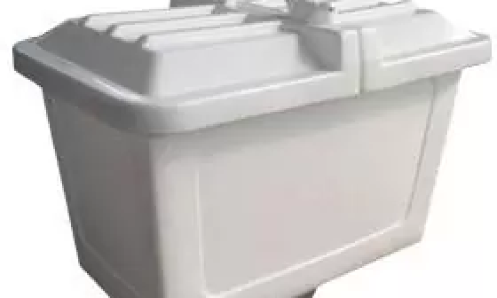 Carro coleta cuba 430L EkoPalete branco com 2 portas frontais e 4 rodas, vista frontal