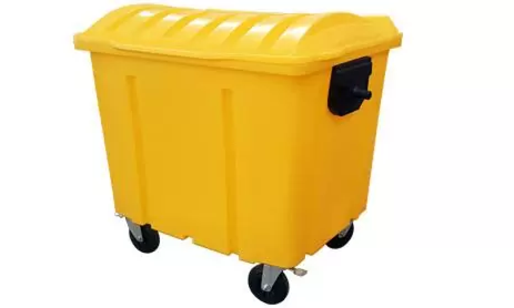 Container de lixo 1000L EkoPalete amarelo com 4 rodas e tampa fechada, vista frontal