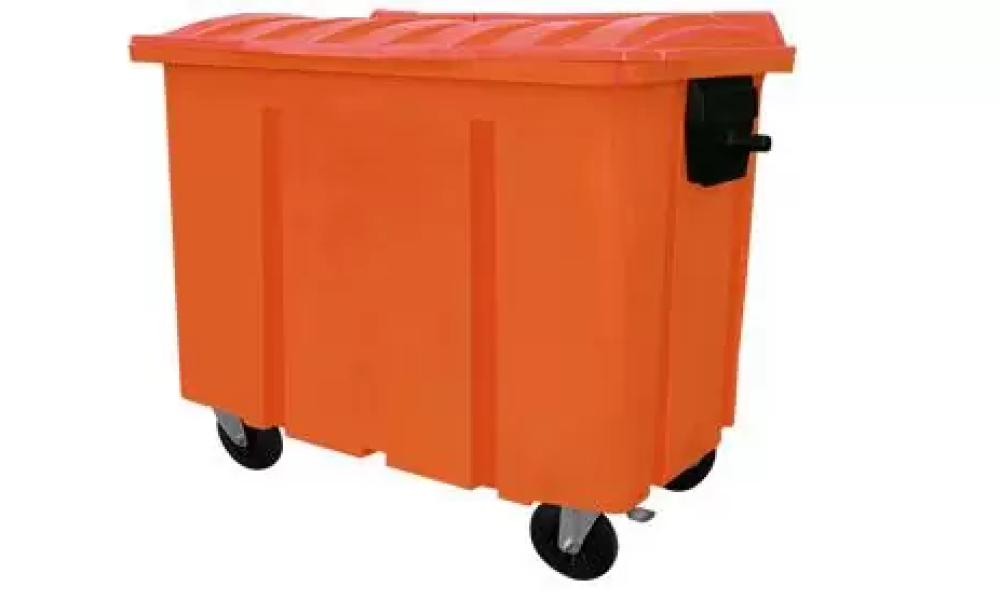Container de lixo 500L EkoPalete laranja com 4 rodas e tampa, vista frontal