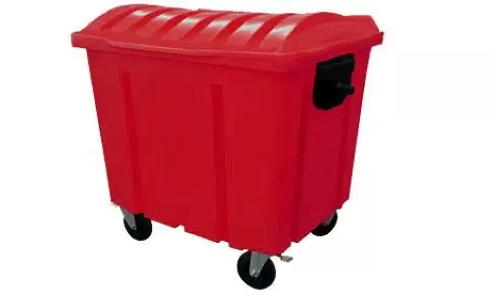 Container 1000L com tampa aberta exibindo capacidade interna em PEAD