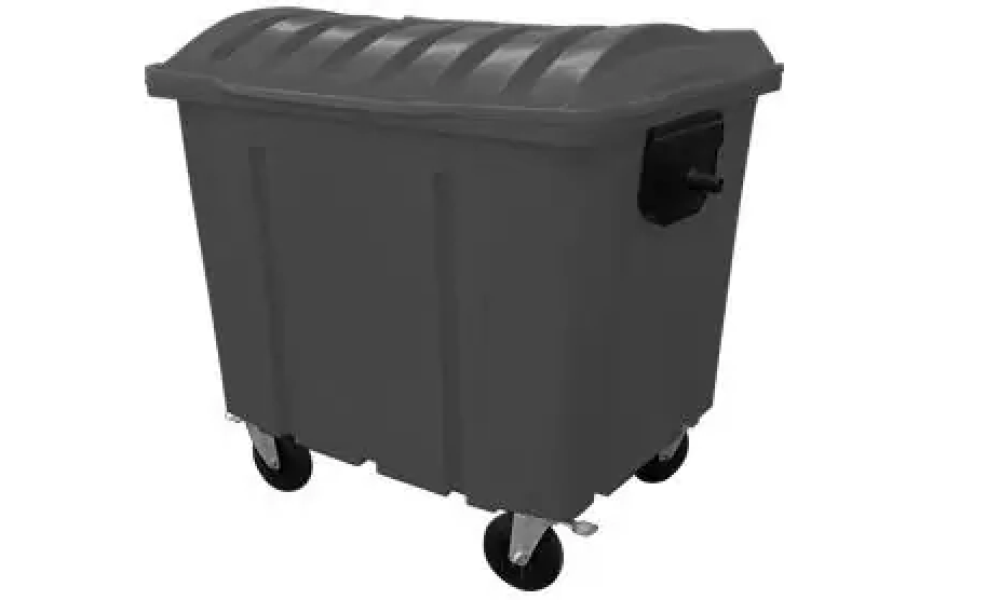 Container 1000L em coleta urbana sendo basculado por caminhão compactador