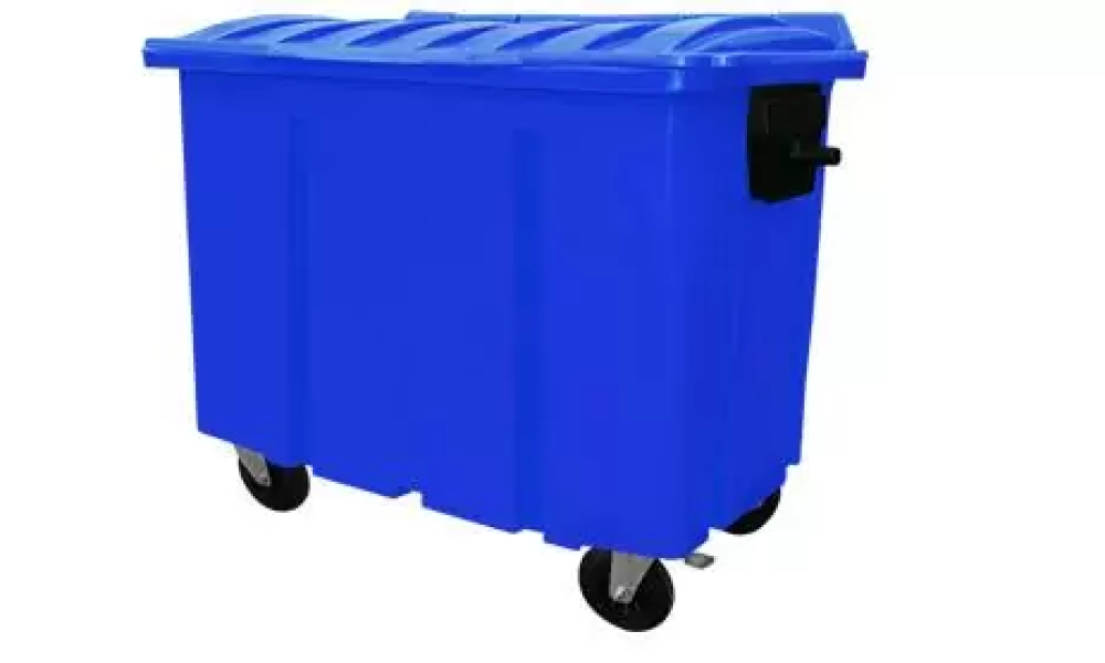 Container 500L com tampa aberta exibindo capacidade interna e estrutura em PEAD